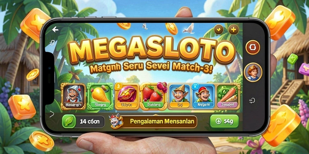 Screenshot gameplay seru MEGASLOTO dengan elemen Match-3 yang berwarna-warni.