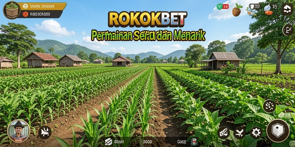 Screenshot gameplay ROKOKBET menunjukkan pemandangan ladang yang asri dan aktivitas bertani.