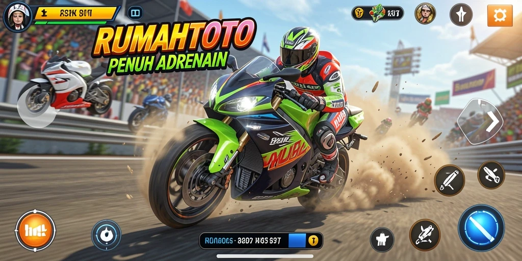 Gameplay RUMAHTOTO menampilkan balap motor yang seru dan penuh tantangan.