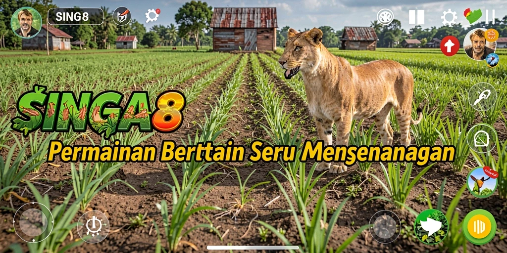 Tampilan screenshot utama SINGA8 menampilkan kebun yang subur dan beragam tanaman.
