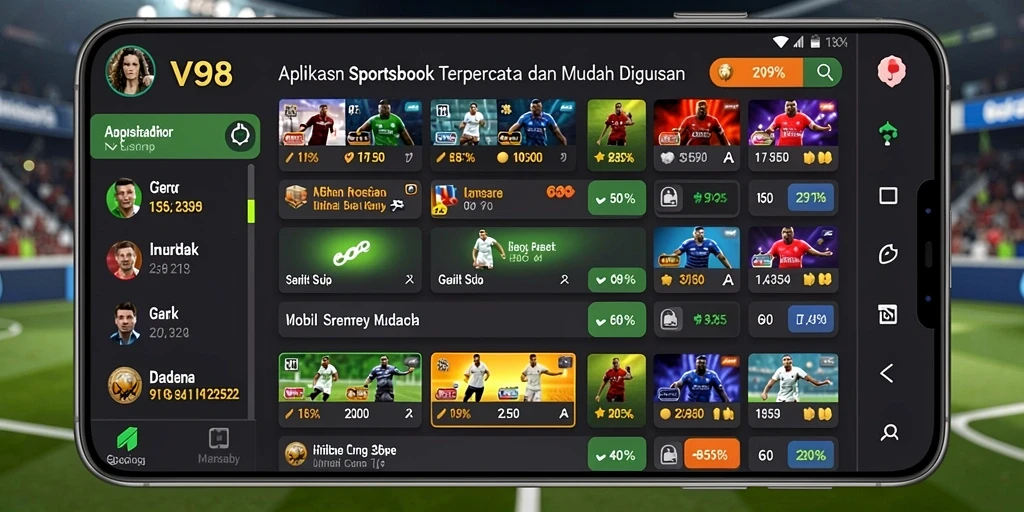 Tangkapan layar utama V98 yang menampilkan pengalaman taruhan olahraga yang mendebarkan.